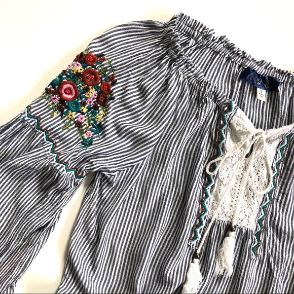 Francesca’s Blue & White Striped Embroidered Off The Shoulder Top - Picture 3 of 9